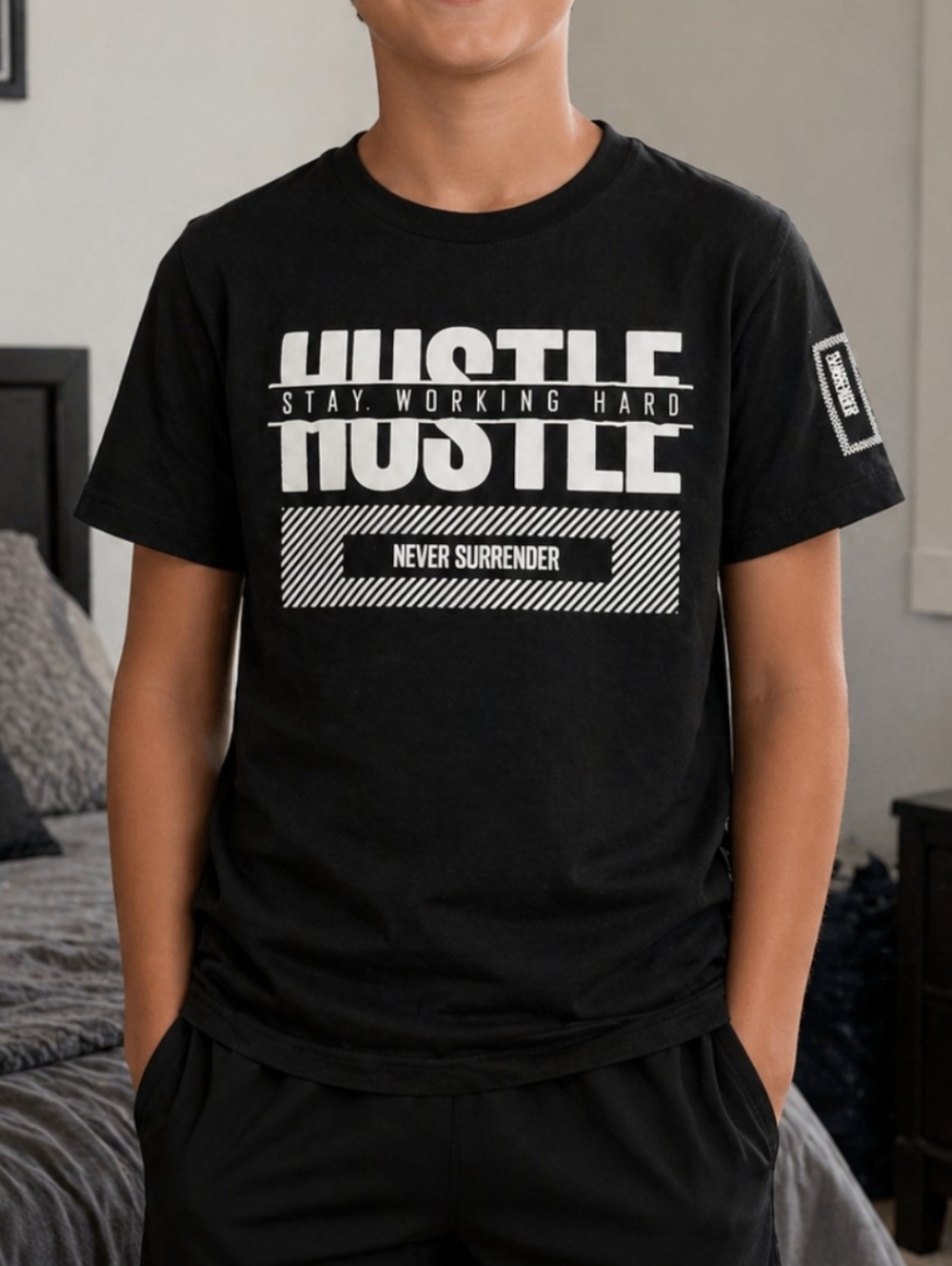 Boy's 'Hustle' Graphic Short Sleeve Tee - Black